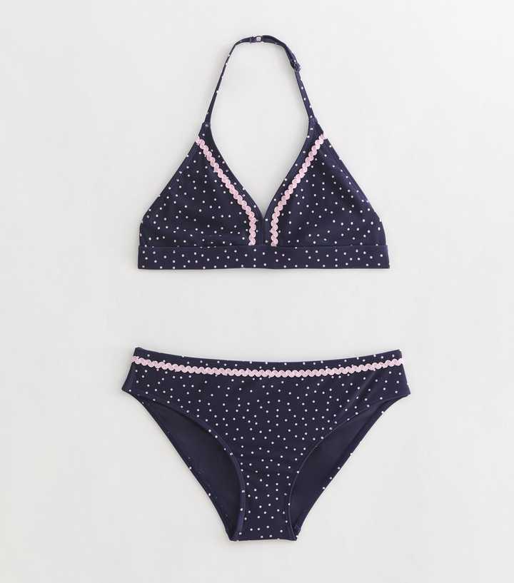 Girls Blue Polka Dot Triangle Bikini Top and Bottoms Set
