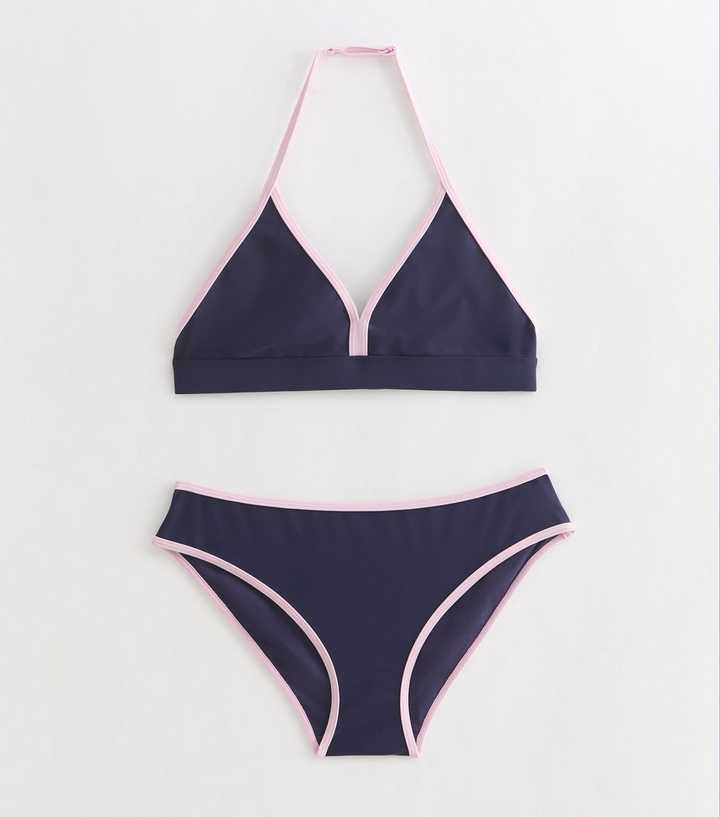 Girls Navy Contrast Trim Triangle Bikini Top and Bottoms Set