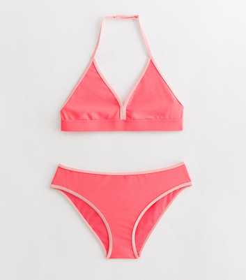 Girls Dark Coral Contrast Trim Triangle Bikini Top and Bottoms Set