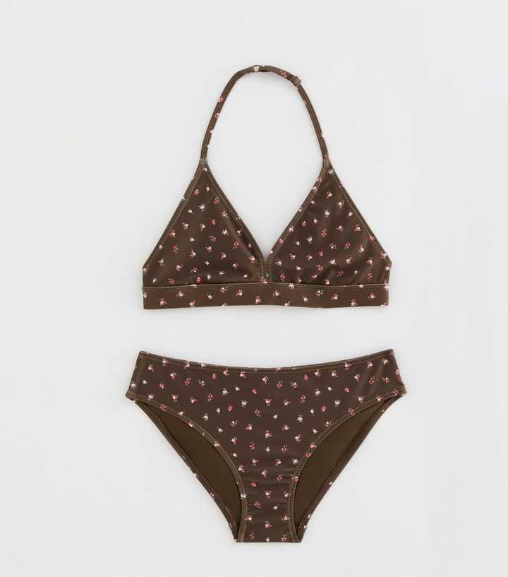Girls Brown Ditsy Floral Print Triangle Bikini Set