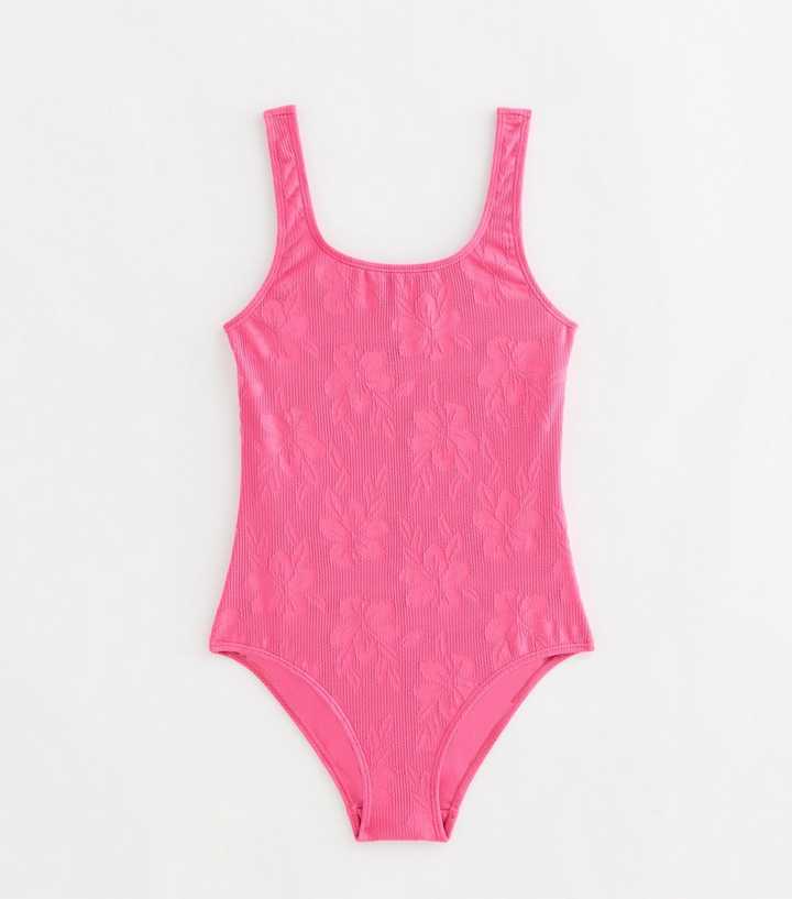 Girls Pink Hibiscus Jacquard Swimsuit
