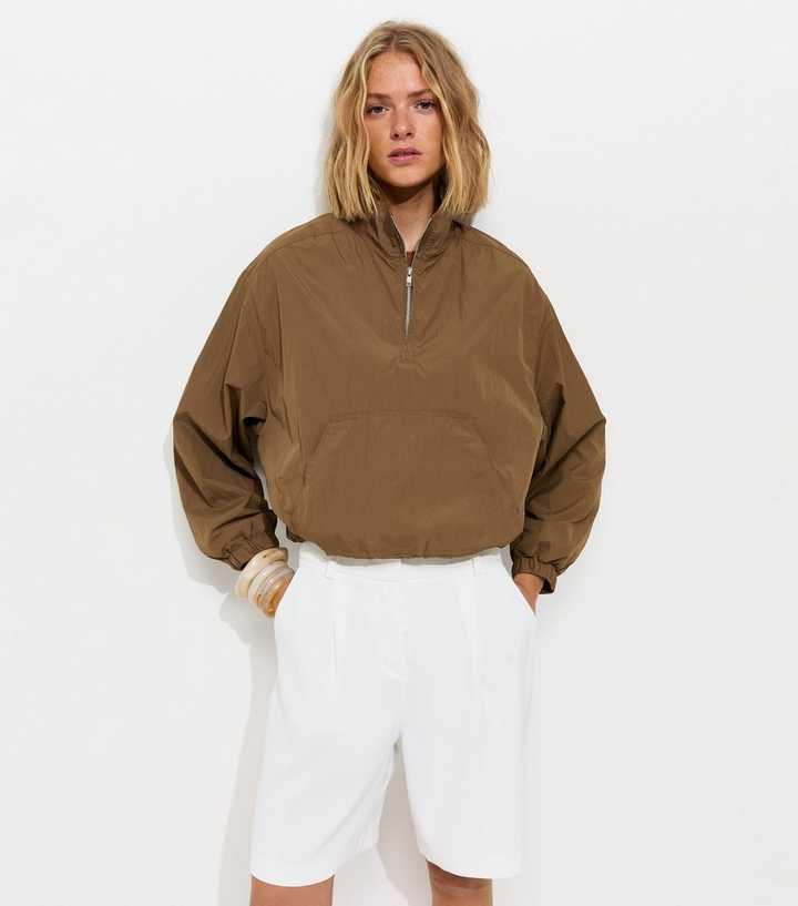 Light Brown Quarter Zip Funnel Neck Jacket