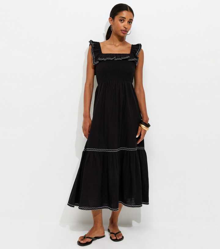 Black Cotton Embroidered Ruffle Trim Midi Dress