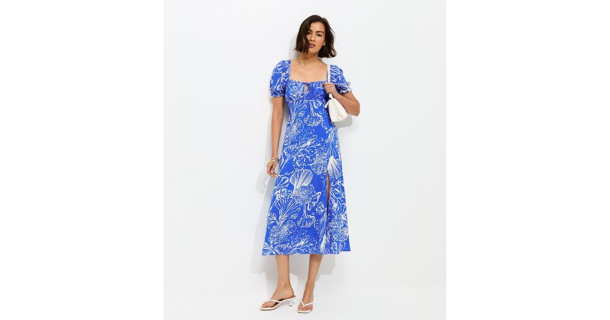 Blue Sketchy Coral Print Slit Hem Midi Dress