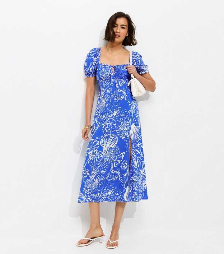 Blue Sketchy Coral Print Slit Hem Midi Dress