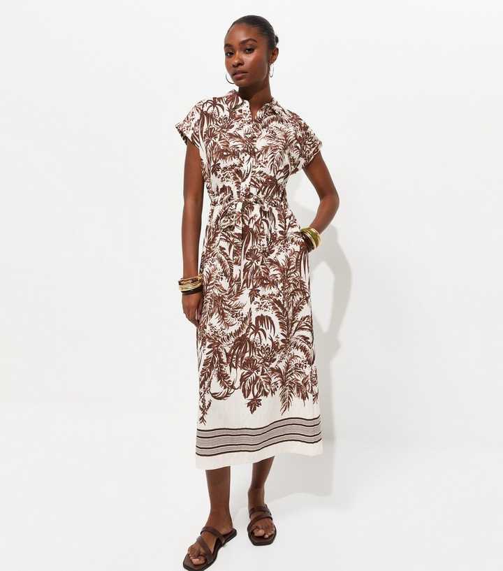Brown Palm Print Short Sleeve Midi Shirt Dress