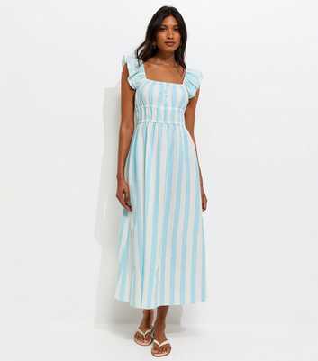 Blue Striped Shirred Waist Frill Sleeve Midi Dress