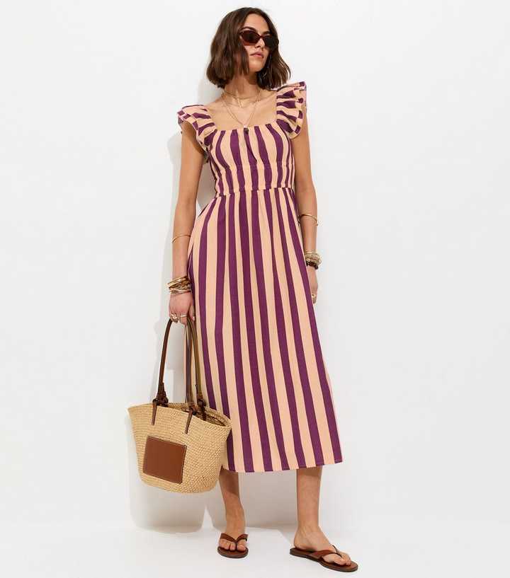 Pink Striped Shirred Frill Trim Midi Dress