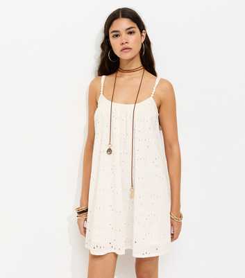 White Broderie Embroidered Beaded Strap Smock Mini Dress