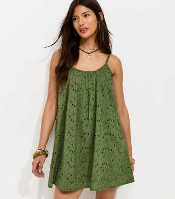 Light Khaki Broderie Embroidered Beaded Strap Smock Mini Dress