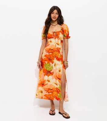 Orange Floral Puff Sleeve Midi Dress