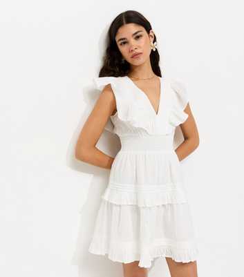 White Cotton Ruffle V-Neck Tiered Mini Dress