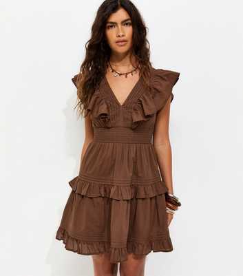 Brown Cotton Ruffle V-Neck Tiered Mini Dress