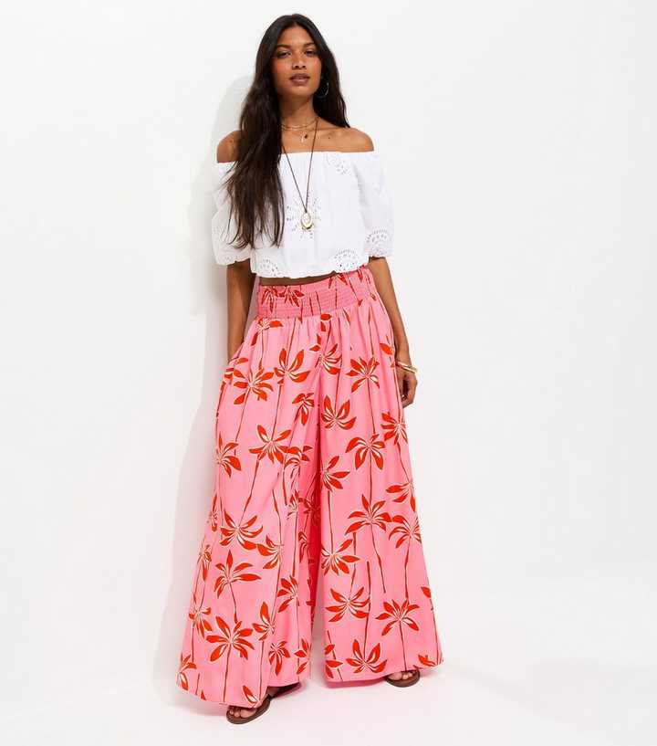 Pink Crepe Palm Tree Print Palazzo Trousers