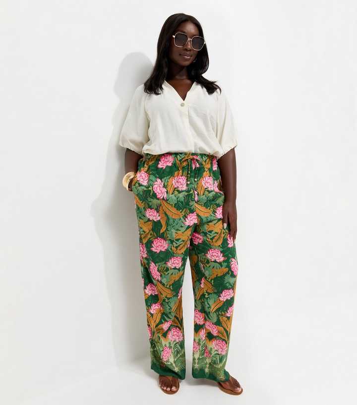 Curves Green Palm Goya Wide Leg Trousers