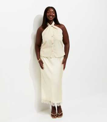 Curves Cream Satin Lace Trim Midi Skirt