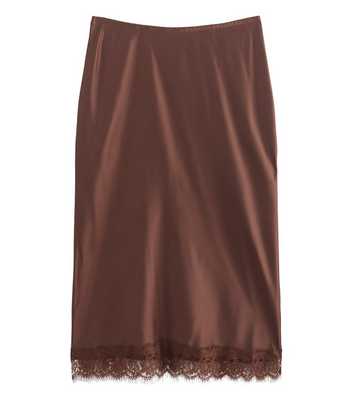 Curves Dark Brown Satin Lace Trim Midi Skirt
