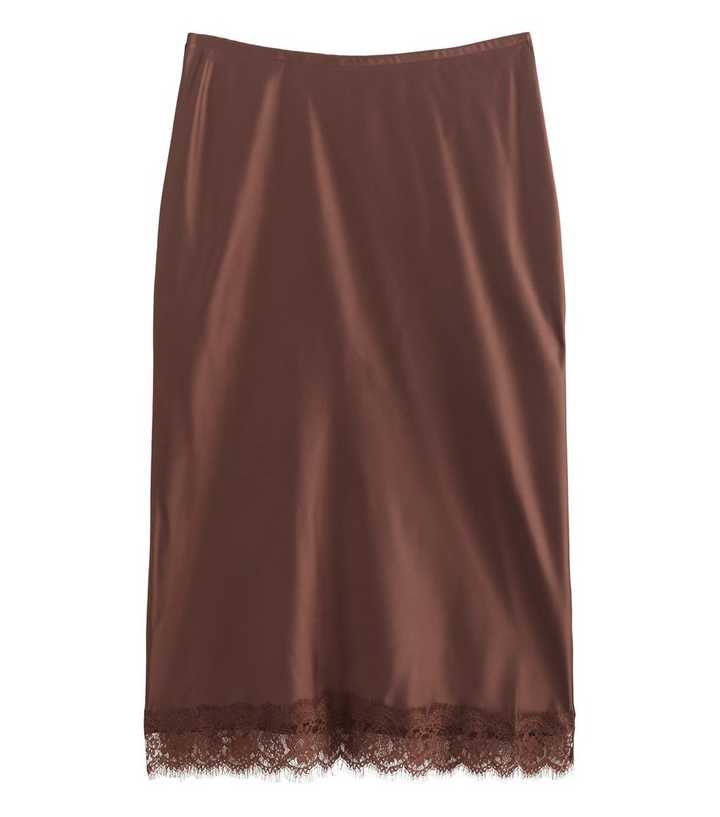 Curves Dark Brown Satin Lace Trim Midi Skirt