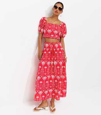Red Cotton Broderie Palm Tree Scallop Edge Midi Skirt