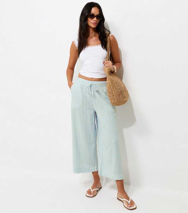 Blue Striped Linen Rich Cropped Wide Leg Trousers
