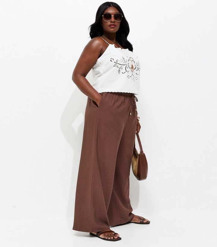Curves Dark Brown Woven Wide Leg Trousers