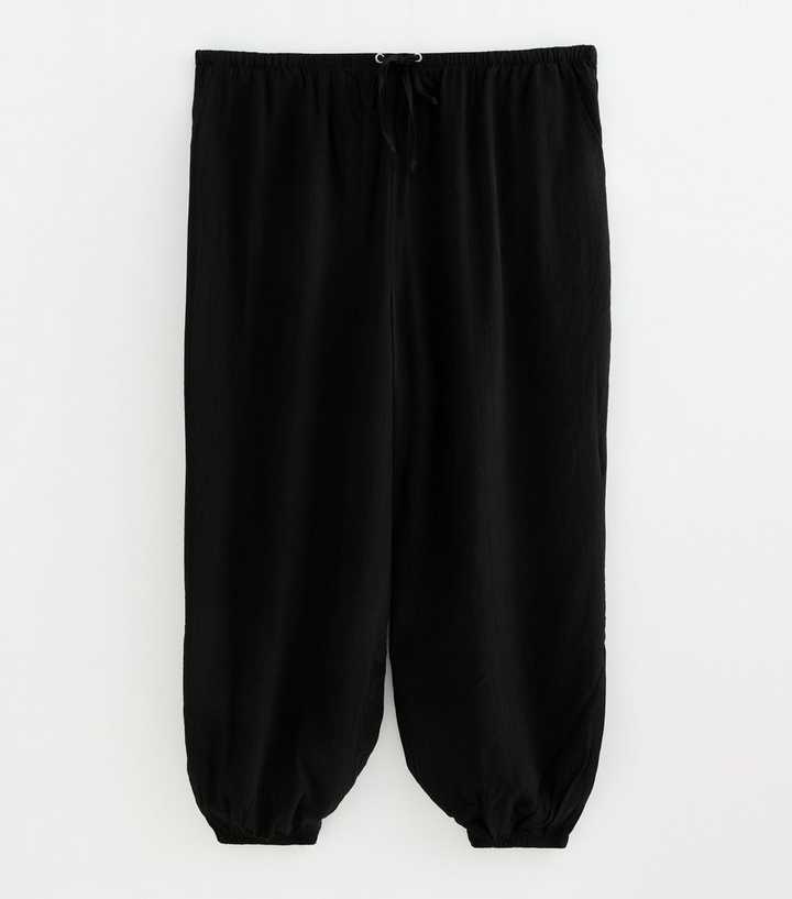 Curves Black Wide Drawstring Waist Cuffed Trousers