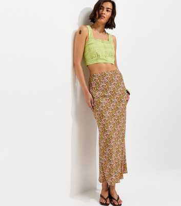 Green Floral Print Midi Skirt