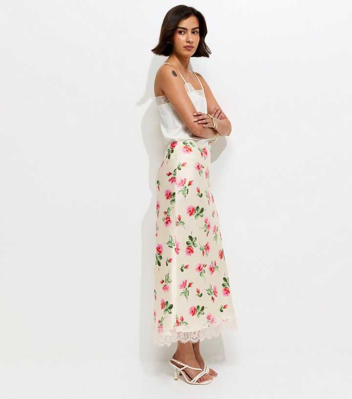 White Rose Print Lace Trim Midi Skirt