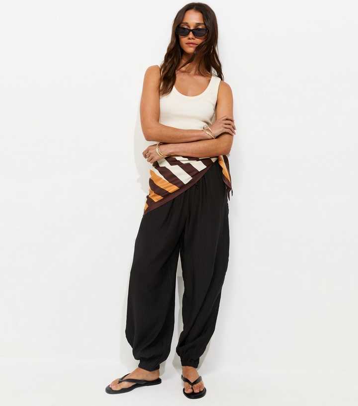 Black Wide Drawstring Waist Cuffed Trousers