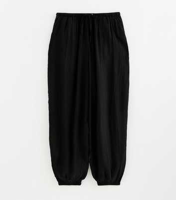 Black Wide Drawstring Waist Cuffed Trousers