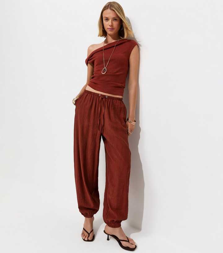 Dark Red Wide Cuffed Textured Trousers