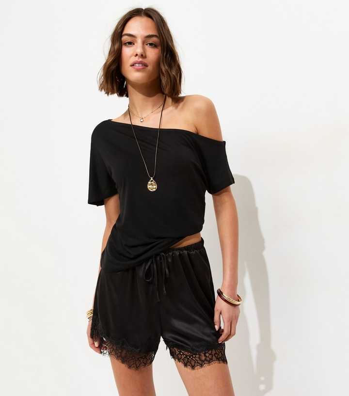 Black Satin Lace Trim Shorts
