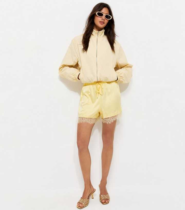 Light Yellow Satin Lace Trim Shorts