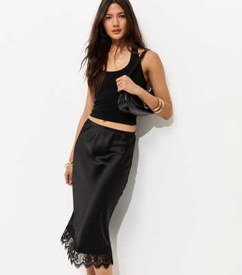 Black Satin Lace Trim Skirt
