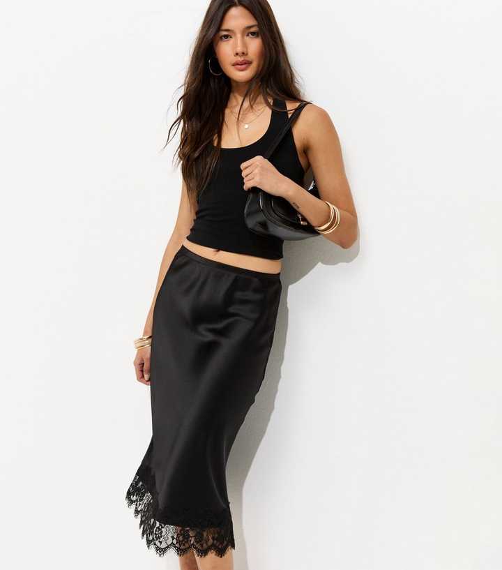 Black Satin Lace Trim Skirt