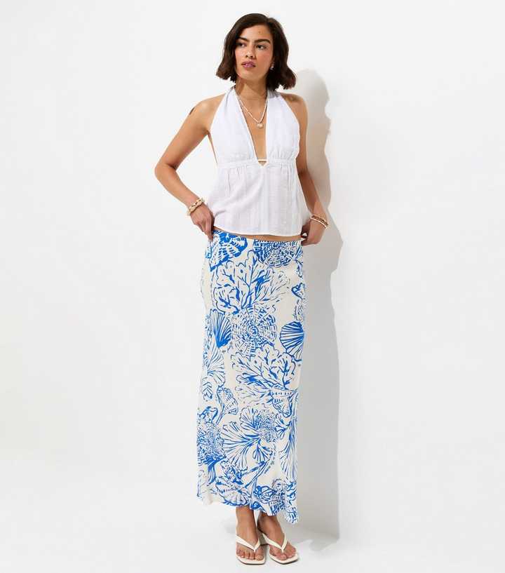 Blue Shell Print Bias Cut Midi Skirt