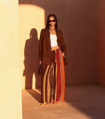 Brown Striped Drawstring Wide Leg Trousers