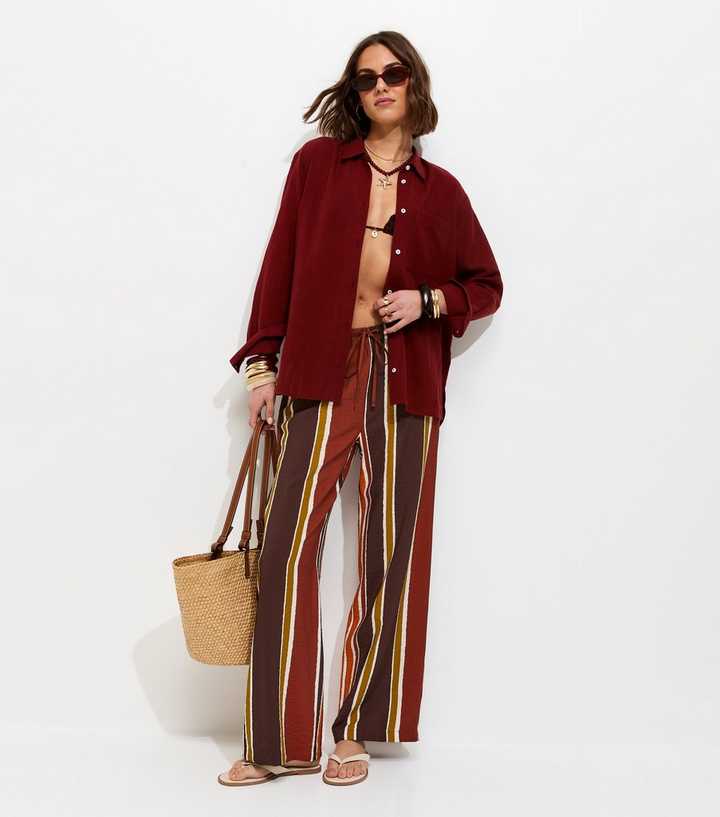 Brown Striped Drawstring Wide Leg Trousers