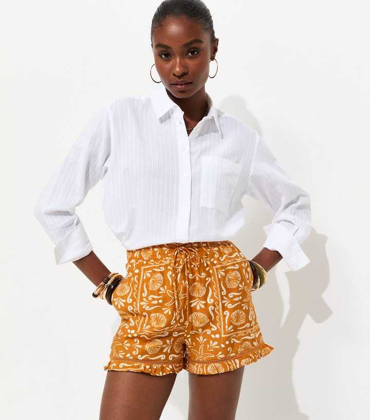 Yellow Shell Print Ruffle Trim Shorts