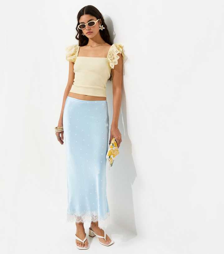 Blue Satin Polka Dot Lace Hem Midi Skirt