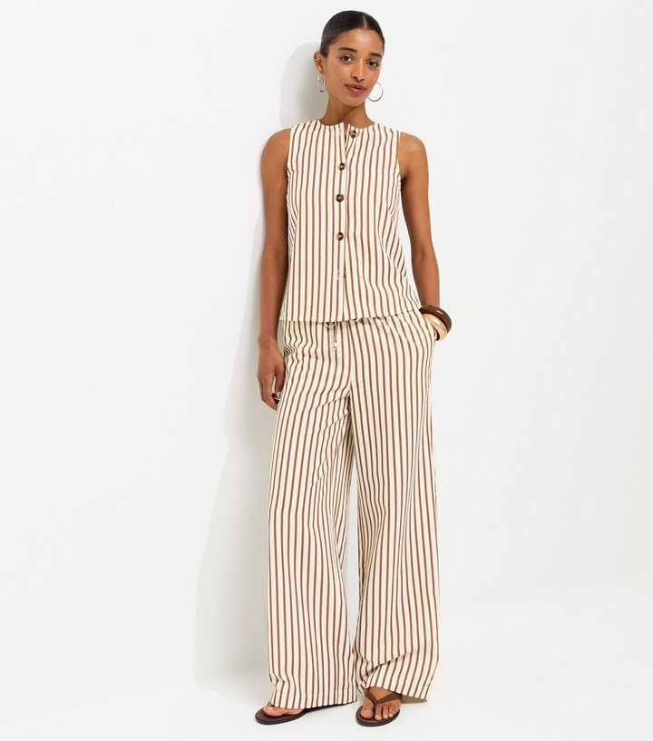Brown Striped Seersucker Wide Leg Trousers