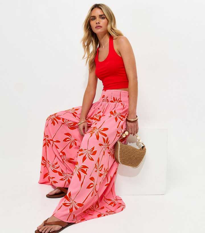 Petite Pink Palm Print Palazzo Trousers