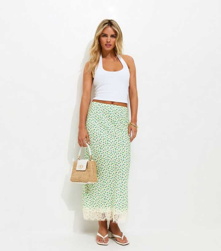 Petite Yellow Ditsy Print Lace Trim Bias Cut Skirt