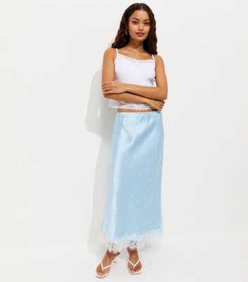 Petite Blue Spot Print Lace Trim Midi Skirt