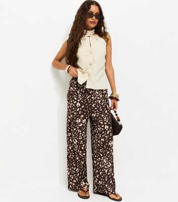 Petite Brown Animal Print Crinkle Wide Leg Trousers
