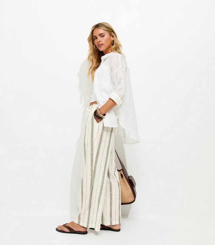 Petite Green Striped Woven Wide Leg Trousers