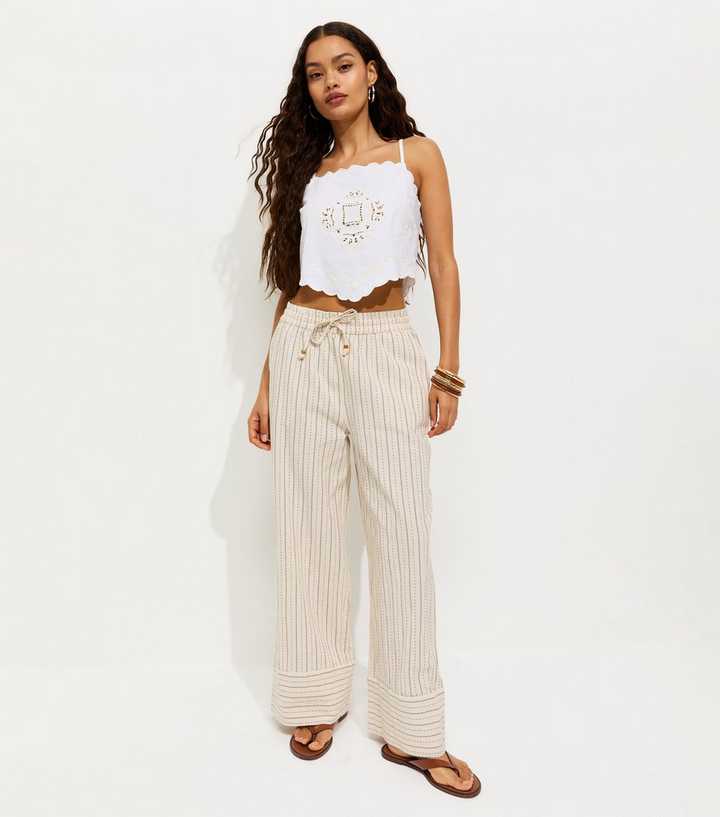 Petite Cream Cotton Rich Striped Wide Leg Trousers