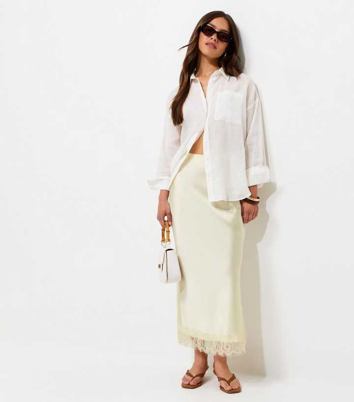 Petite Cream Satin Lace Trim Midi Skirt