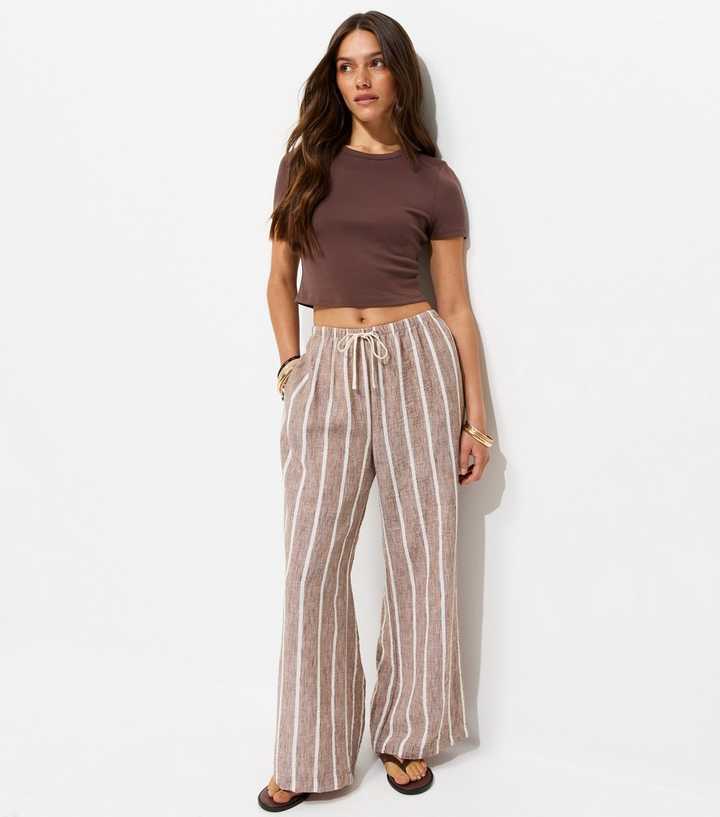 Petite Brown Striped Wide Leg Trousers
