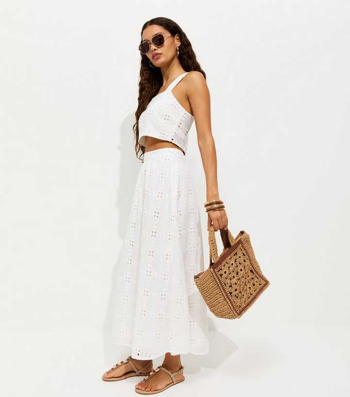 Petite White Broderie Embroidered Grid Midi Skirt